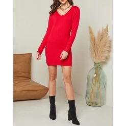 SOFT CASHMERE Red V-Neck Cashmere Blend Jumper Dress -Exquisite Clothing 18696225 3