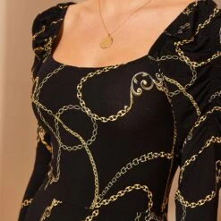 SOSANDAR Black/Gold Chain Print Square Neck Midi Jersey Dress -Exquisite Clothing 18704944 4